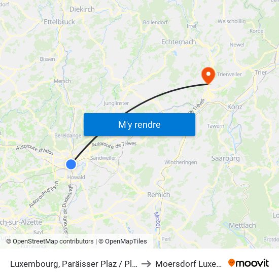 Luxembourg, Paräisser Plaz / Place De Paris to Moersdorf Luxembourg map