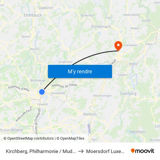 Kirchberg, Philharmonie / Mudam (Bus) to Moersdorf Luxembourg map