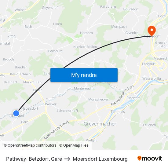 Pathway- Betzdorf, Gare to Moersdorf Luxembourg map