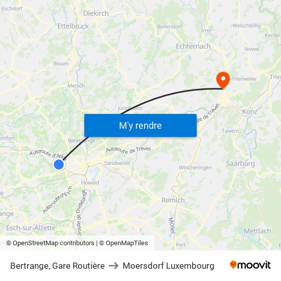 Bertrange, Gare Routière to Moersdorf Luxembourg map