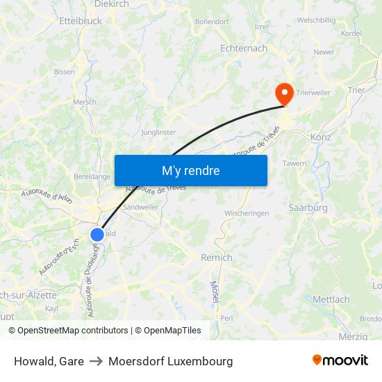 Howald, Gare to Moersdorf Luxembourg map