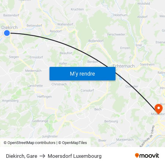 Diekirch, Gare to Moersdorf Luxembourg map