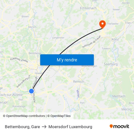 Bettembourg, Gare to Moersdorf Luxembourg map