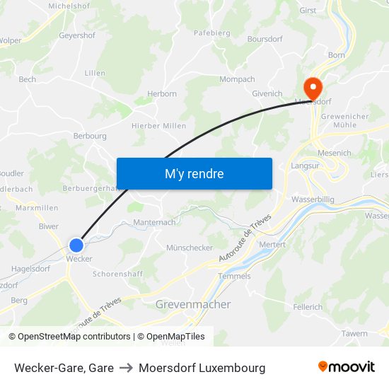 Wecker-Gare, Gare to Moersdorf Luxembourg map