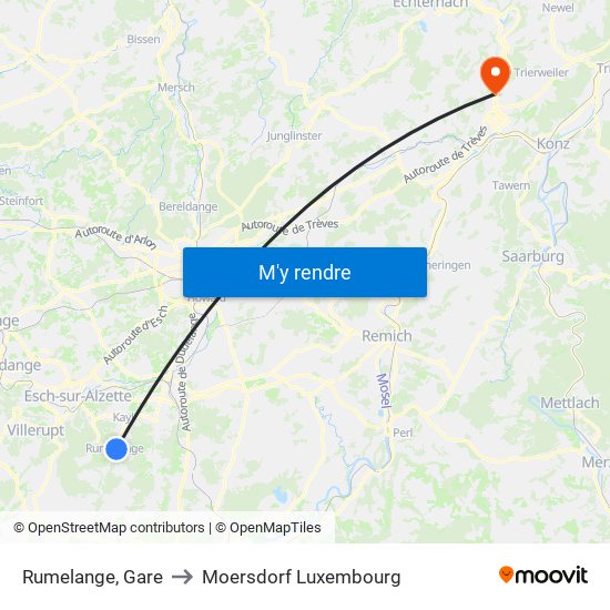 Rumelange, Gare to Moersdorf Luxembourg map