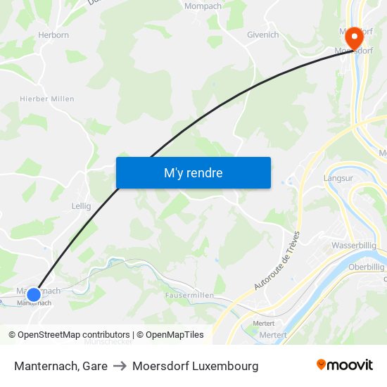 Manternach, Gare to Moersdorf Luxembourg map