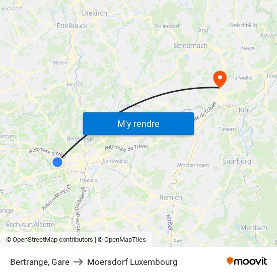 Bertrange, Gare to Moersdorf Luxembourg map