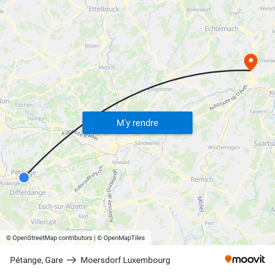 Pétange, Gare to Moersdorf Luxembourg map