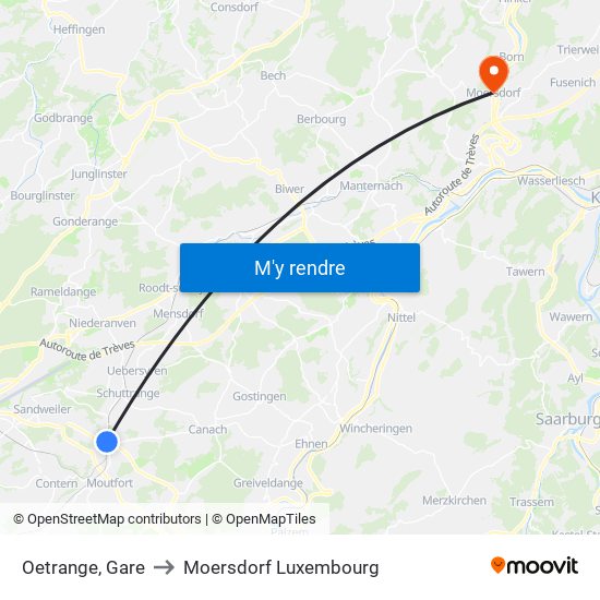 Oetrange, Gare to Moersdorf Luxembourg map