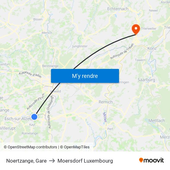 Noertzange, Gare to Moersdorf Luxembourg map