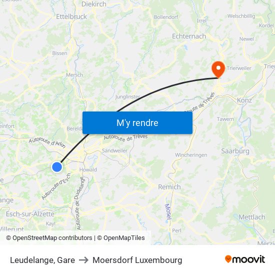 Leudelange, Gare to Moersdorf Luxembourg map