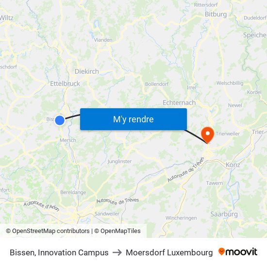 Bissen, Innovation Campus to Moersdorf Luxembourg map