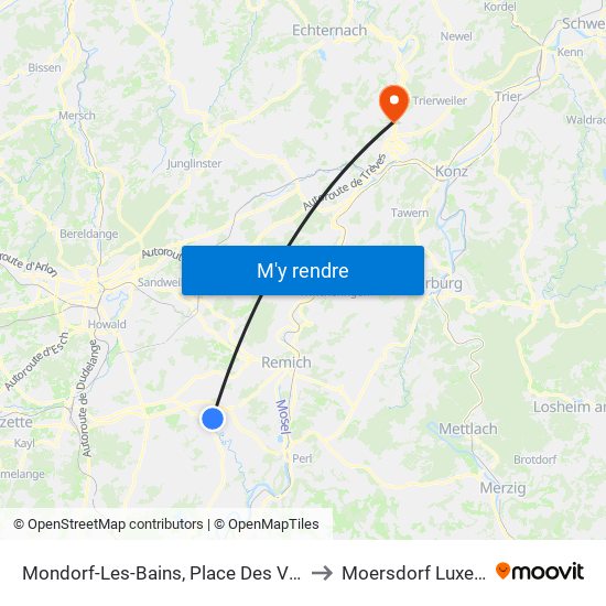 Mondorf-Les-Bains, Place Des Villes Jumelées to Moersdorf Luxembourg map