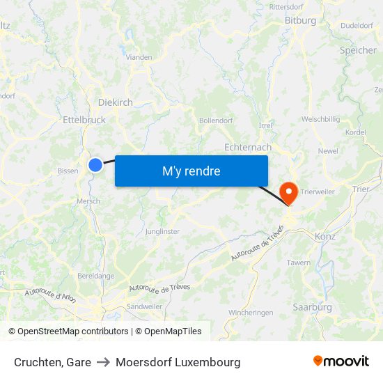 Cruchten, Gare to Moersdorf Luxembourg map