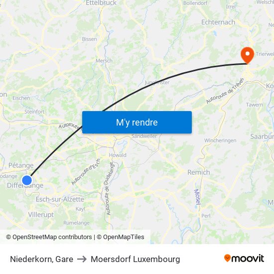 Niederkorn, Gare to Moersdorf Luxembourg map