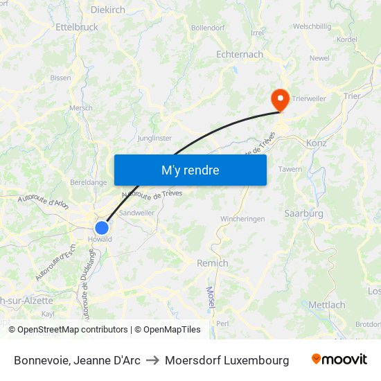 Bonnevoie, Jeanne D'Arc to Moersdorf Luxembourg map