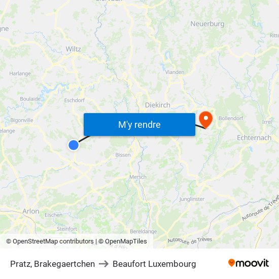 Pratz, Brakegaertchen to Beaufort Luxembourg map