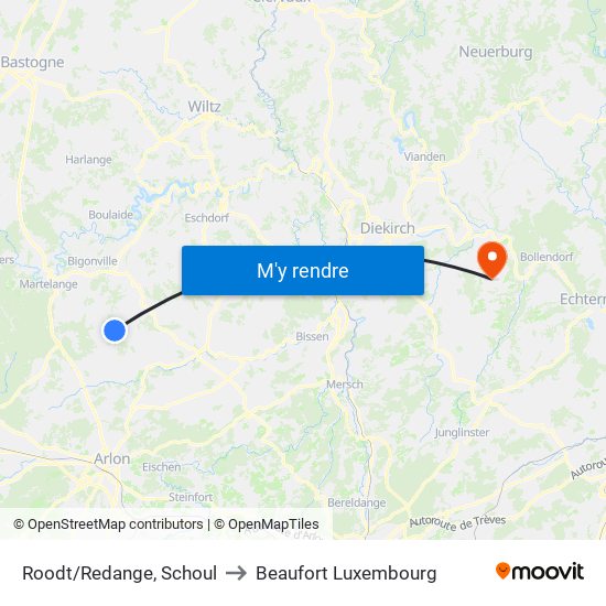 Roodt/Redange, Schoul to Beaufort Luxembourg map