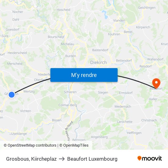 Grosbous, Kiircheplaz to Beaufort Luxembourg map