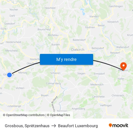 Grosbous, Sprëtzenhaus to Beaufort Luxembourg map