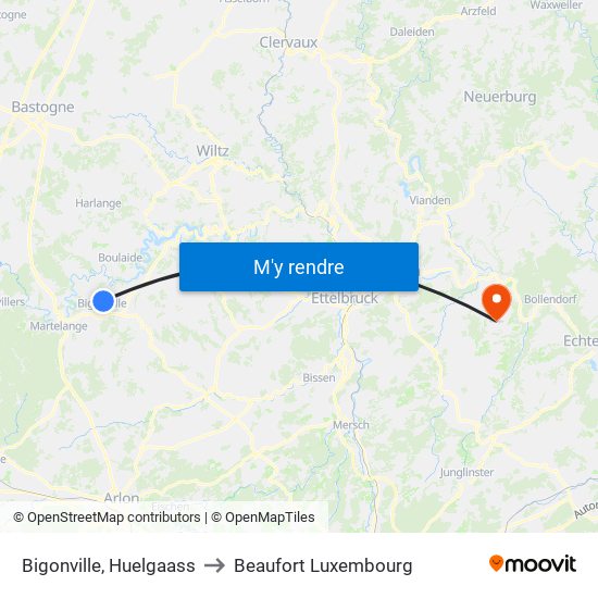 Bigonville, Huelgaass to Beaufort Luxembourg map