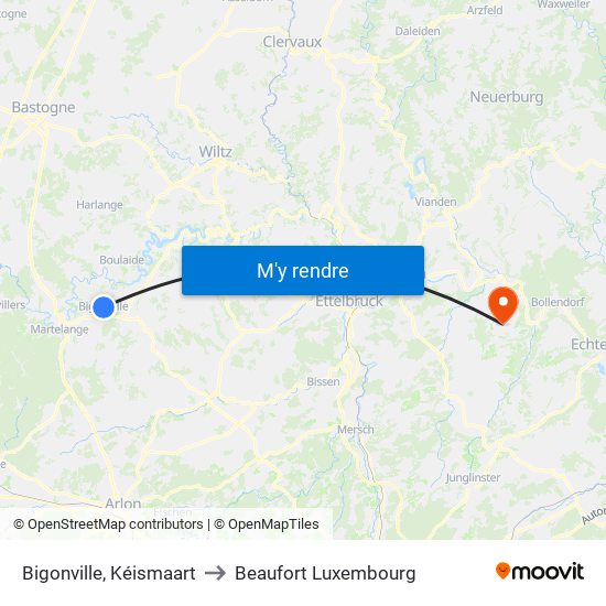 Bigonville, Kéismaart to Beaufort Luxembourg map