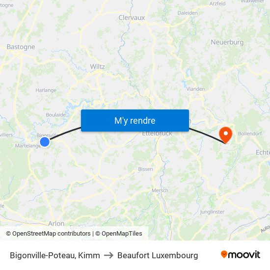 Bigonville-Poteau, Kimm to Beaufort Luxembourg map