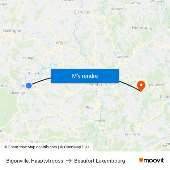 Bigonville, Haaptstrooss to Beaufort Luxembourg map