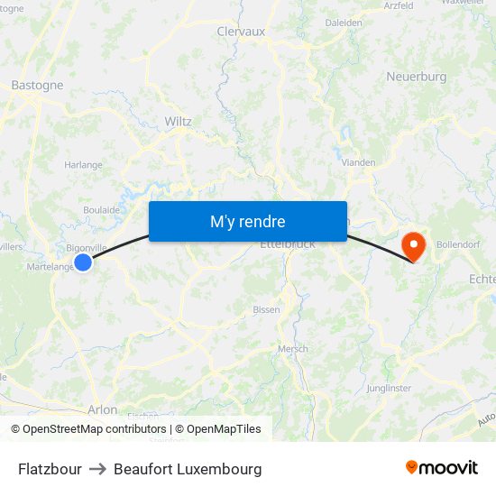 Flatzbour to Beaufort Luxembourg map