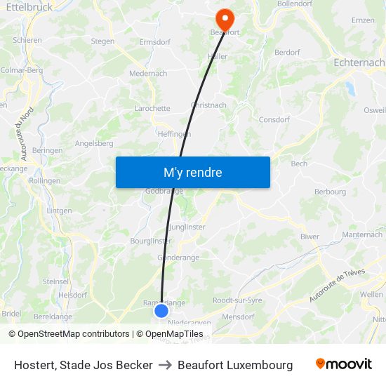 Hostert, Stade Jos Becker to Beaufort Luxembourg map