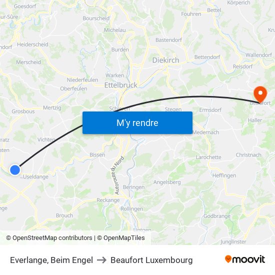 Everlange, Beim Engel to Beaufort Luxembourg map