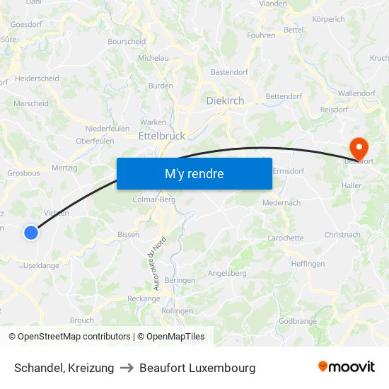 Schandel, Kreizung to Beaufort Luxembourg map