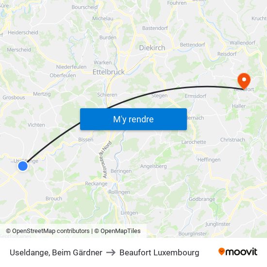 Useldange, Beim Gärdner to Beaufort Luxembourg map