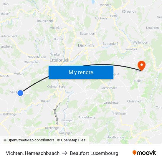 Vichten, Hemeschbaach to Beaufort Luxembourg map