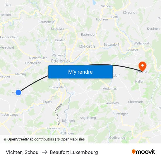 Vichten, Schoul to Beaufort Luxembourg map