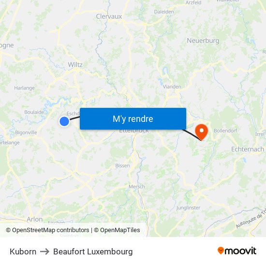 Kuborn to Beaufort Luxembourg map