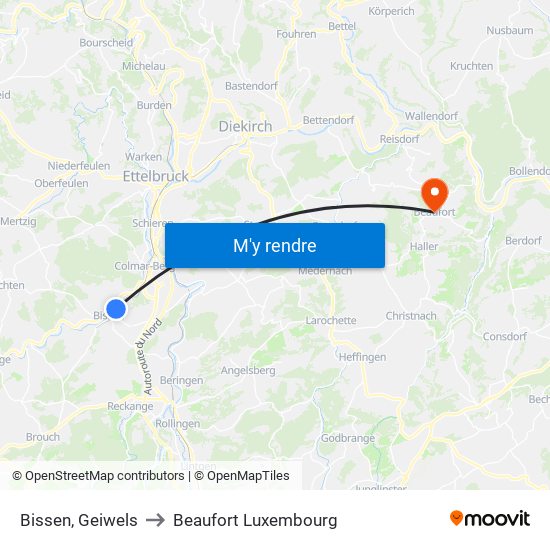 Bissen, Geiwels to Beaufort Luxembourg map