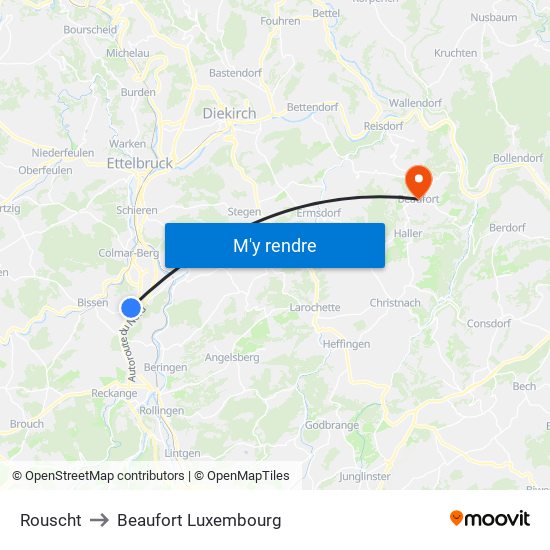 Rouscht to Beaufort Luxembourg map