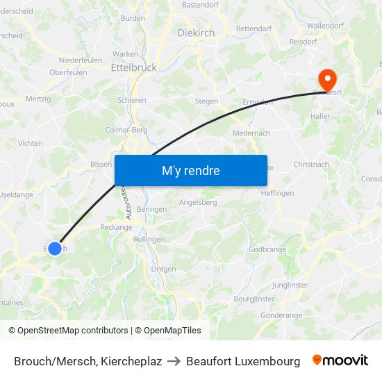 Brouch/Mersch, Kiercheplaz to Beaufort Luxembourg map