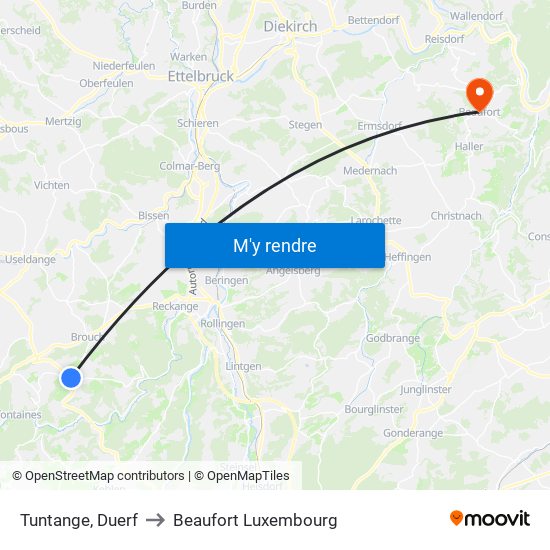 Tuntange, Duerf to Beaufort Luxembourg map