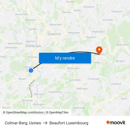 Colmar-Berg, Usines to Beaufort Luxembourg map