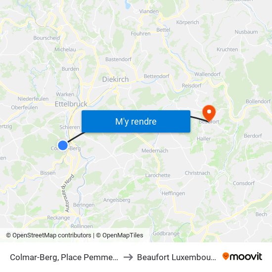 Colmar-Berg, Place Pemmers to Beaufort Luxembourg map