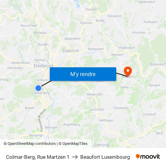 Colmar-Berg, Rue Martzen 1 to Beaufort Luxembourg map