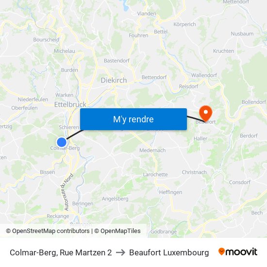 Colmar-Berg, Rue Martzen 2 to Beaufort Luxembourg map
