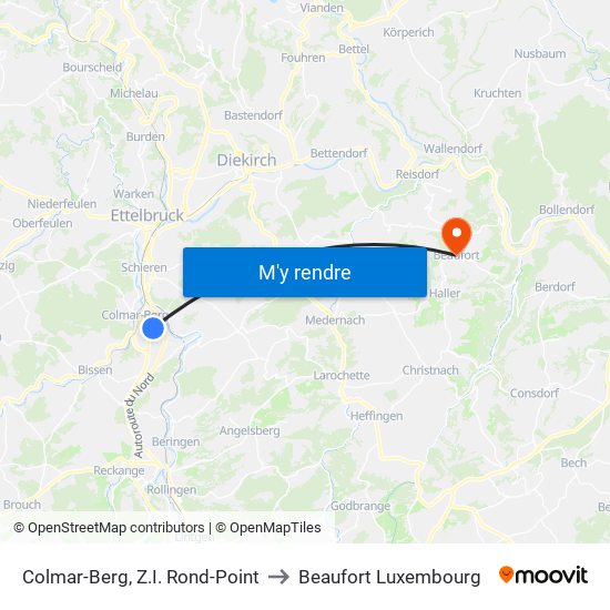 Colmar-Berg, Z.I. Rond-Point to Beaufort Luxembourg map