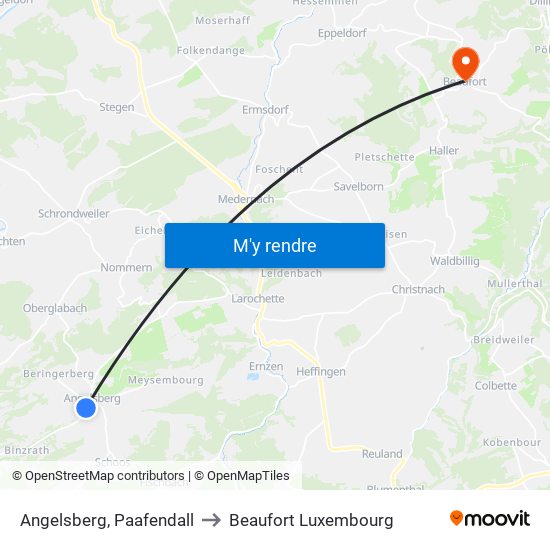 Angelsberg, Paafendall to Beaufort Luxembourg map