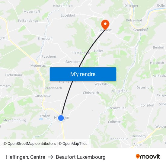 Heffingen, Centre to Beaufort Luxembourg map