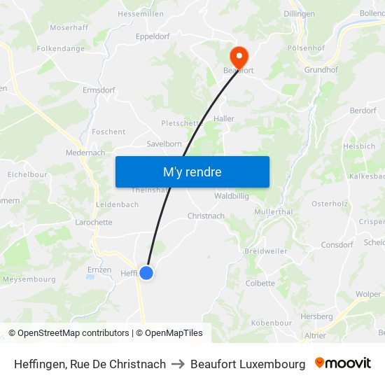 Heffingen, Rue De Christnach to Beaufort Luxembourg map