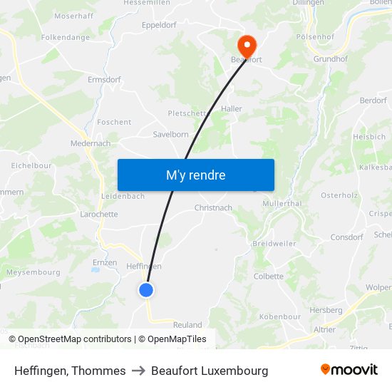 Heffingen, Thommes to Beaufort Luxembourg map