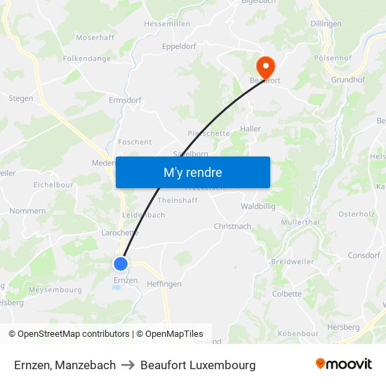 Ernzen, Manzebach to Beaufort Luxembourg map